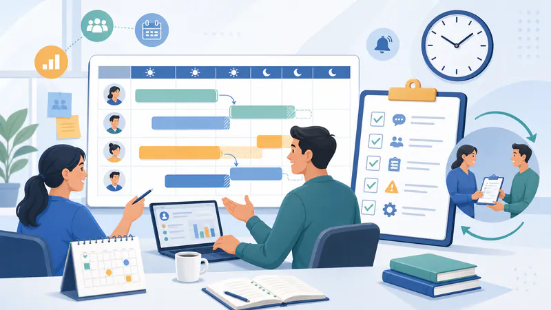 Illustration of a shift scheduling board, team handover, and checklist.