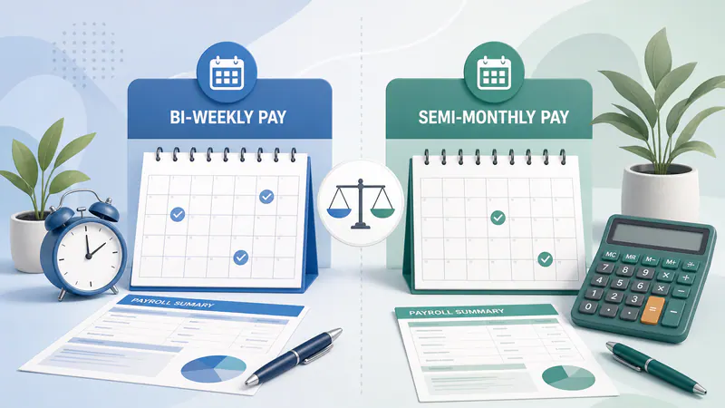 Illustration comparing bi-weekly and semi-monthly pay calendars side by side.