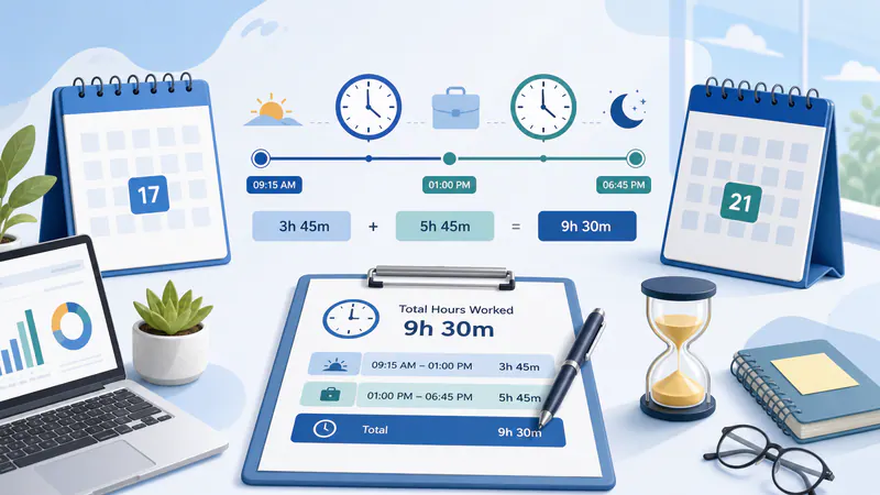 Illustration of two calendar dates connected by a work-hours timeline and clock.