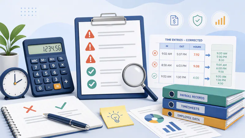 Illustration of payroll documents, checklist, warnings, and corrected calculations.