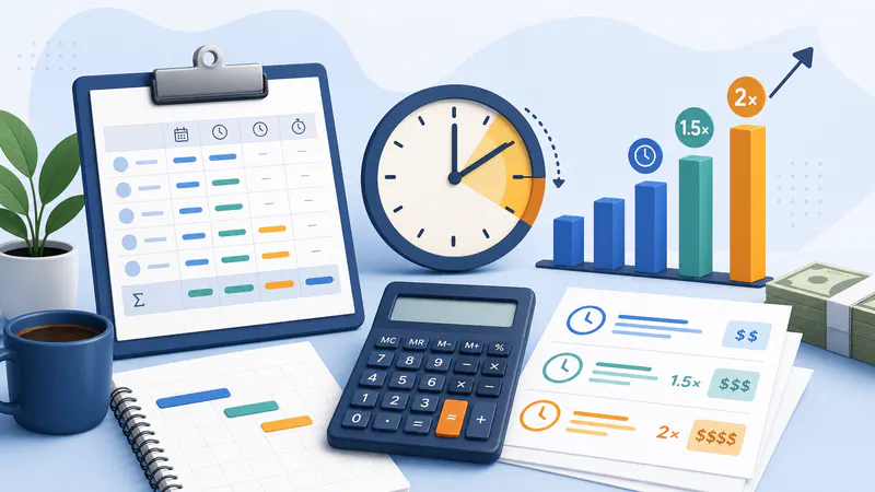 Illustration of extended work hours, calculator, and pay summary.