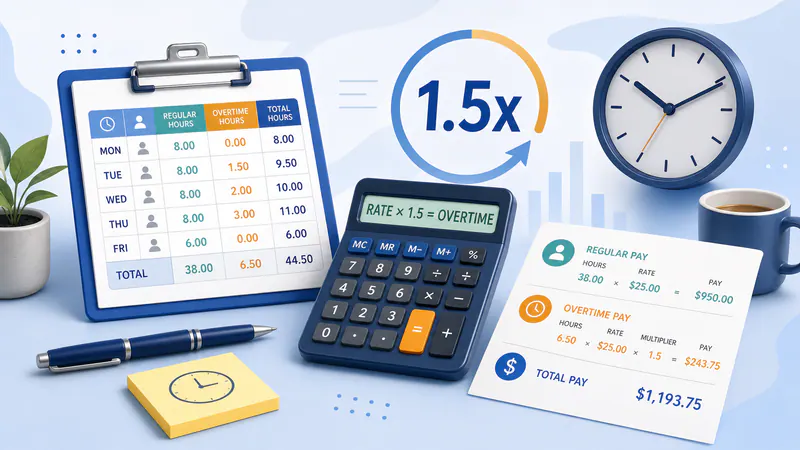 Illustration of time-and-a-half pay with a 1.5x concept, timesheet, and calculator.
