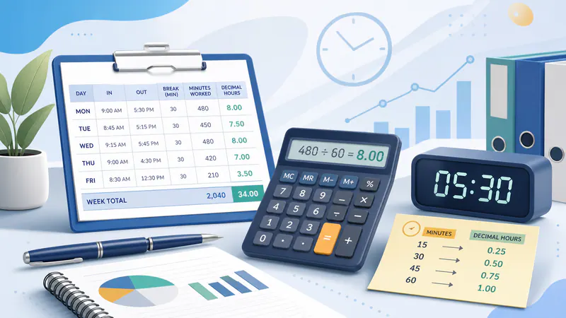 Illustration of a calculator, timesheet, and clock for converting minutes to decimal hours.