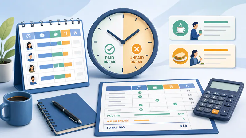 Illustration comparing break entries with a clock, coffee cup, and timesheet.