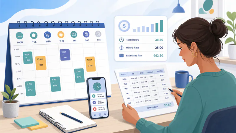 Illustration of a part-time worker reviewing a timesheet and weekly planner.